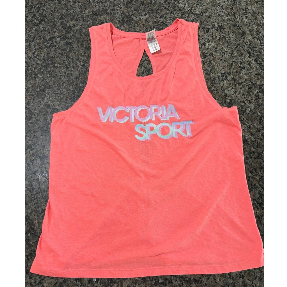 Victoria Sport Womens Neon Pink Coral Logo Graphic Open Back Workout Tank Top S